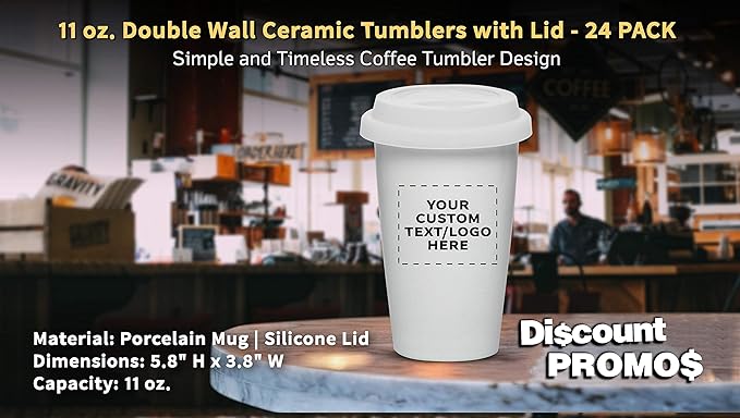 Personalized 11 oz. Double Wall Ceramic Tumblers with Lid - 24 Pack - Custom Text, Logo - White