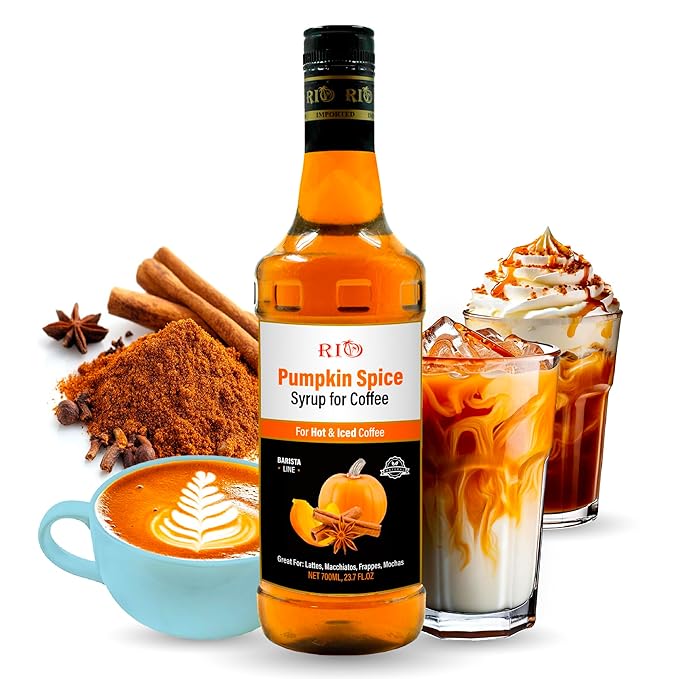 RIO Pumpkin Spice Coffee Syrup, Perfect for Hot or Iced Drinks & Desserts, Warm & Spicy Flavoring Sweetened with Pure Cane Sugar, Barista-Grade Flavor Syrups for Coffee Drinks at Home & Work - 700ml