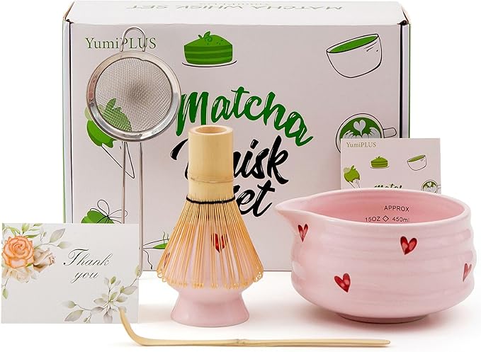 5pcs Premium Matcha Set,Ceramic Bowl with Spout and Bamboo Whisk set, Ceremonical Matcha Kit for breakfast/latte,Tea Starter Making Kit,Unique Matcha Gift set (pink love)