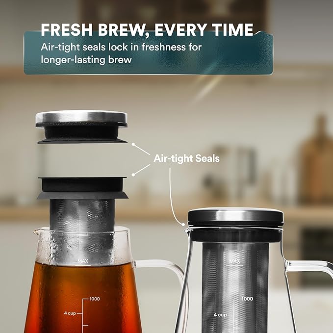 Glass Range Coffee Server For Pour Over Coffee & Tea - 800ml/27oz Ovalware with Airtight Cold Brew Iced Coffee Maker Pitcher and Tea Infuser