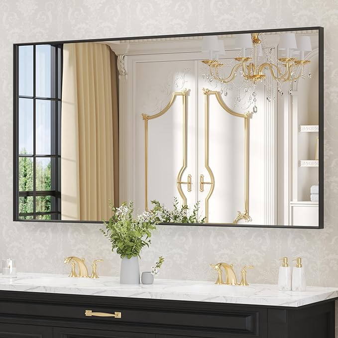 LOAAO Black Bathroom Mirror 55"X36" for Wall, Rectangle Bathroom Vanity Mirror, Tempered Glass, Hangs Vertically or Horizontally, Easy to Install, Modern Design