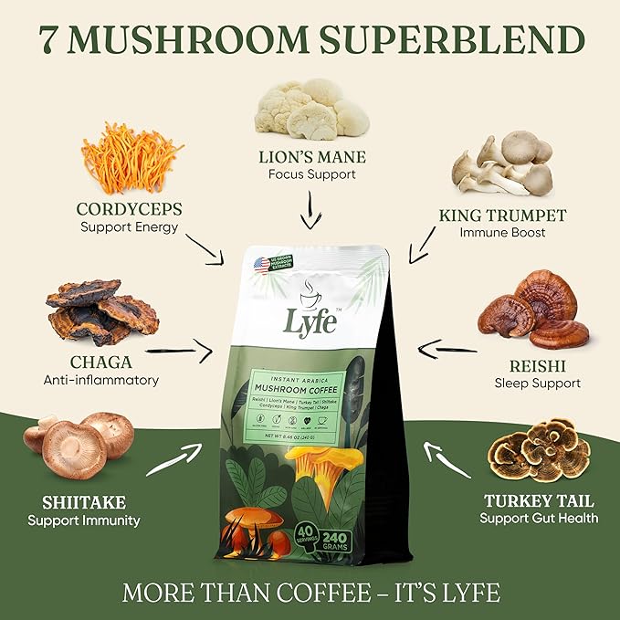 LYFE Organic Instant Mushroom Coffee, 40 Servings – Lion’s Mane, Chaga, Cordyceps & Turkey Tail | USA Grown Adaptogenic Blend for Energy, Focus & Wellness - Natural Superfood Coffee for Daily Vitality