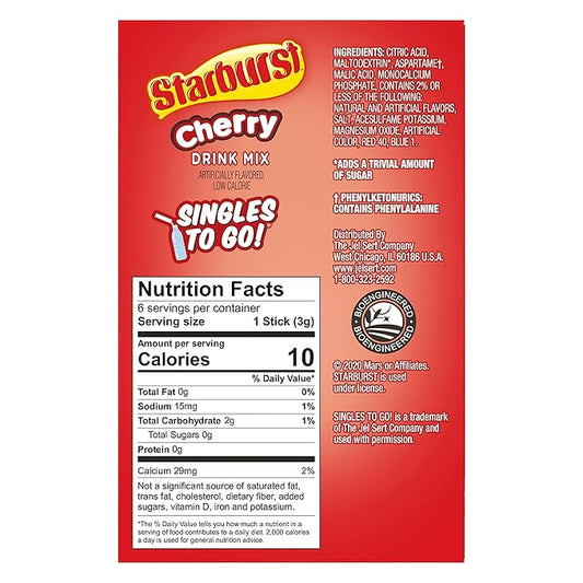 Starburst Singles To Go Powdered Drink Mix, Cherry, 6 Boxes with 6 Packets Each - 36 Total Servings, Sugar-Free Drink Powder, Just Add Water, 6 count (Pack of 6)