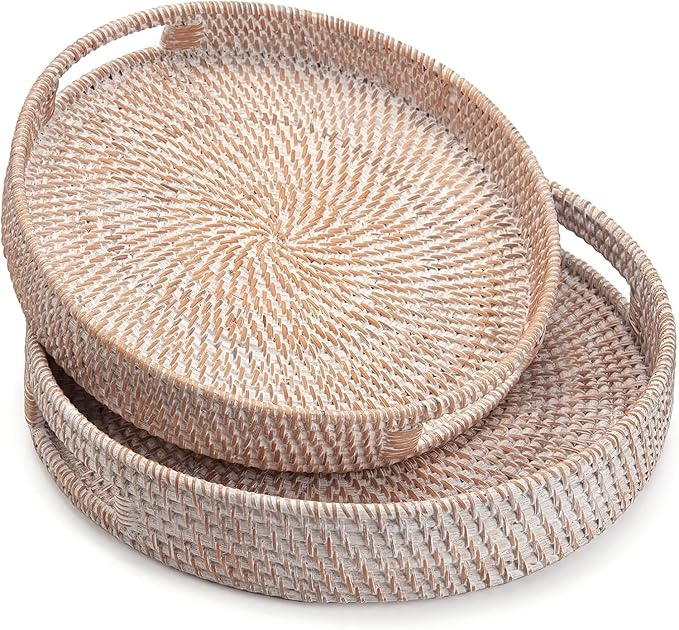 2 Pack Round Rattan Tray, Hand Woven Serving Tray with Handles, Wicker Serving Basket, Decorative Tray for Home Decor, Whitewash (11.8 + 14 inch)