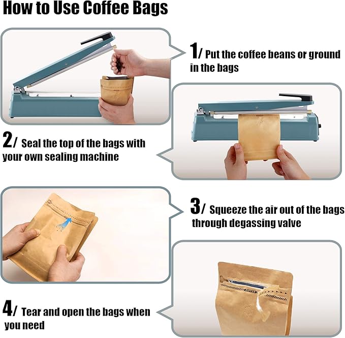 Natural Kraft Coffee Pouches, Resealable Coffee Bag with valve, Flat Bottom Pull Tab Zipper (50pcs, 16oz, 1lb, 454gram)