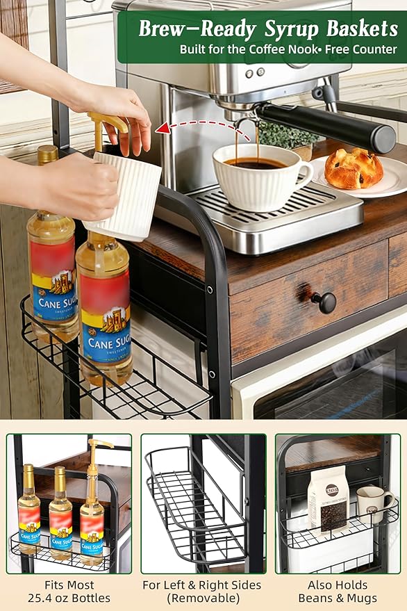 Rolling Coffee Bar Cart for Small Spaces, Coffee Station Cabinet with Storage, Apartment Coffee Nook, Side Syrup Rack, Tea Pod Drawer, Magnetic Doors, Lockable Wheels, Rustic Brown