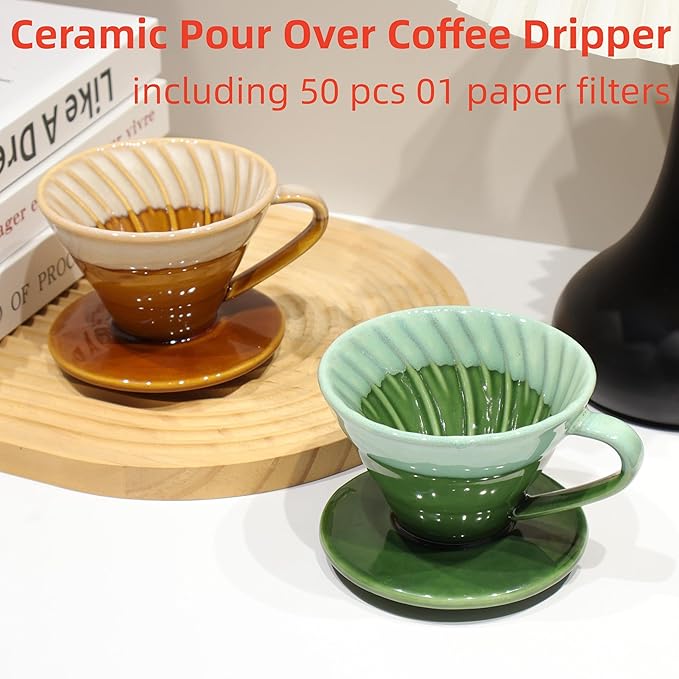 Ceramic Pour Over Coffee Dripper with 50 pcs coffee filters - Portable Drip Coffee Brewer for Travel, Camping, Office or Home - Artisanal Pottery Gift for Enthusiasts