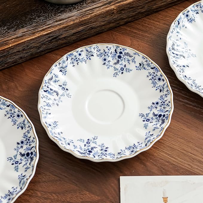 ceramic tea cups and saucers 6oz,floral tea cups for Coffee, Latte, Cafe Mocha and Tea (Little Blue Flowers)
