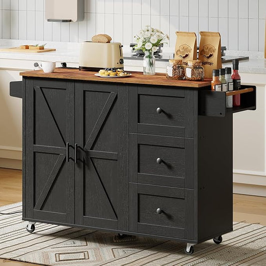 HOOBRO Kitchen Island with Power Outlet, Rolling Kitchen Island on Wheels, Island Table with 3 Large Drawers, Storage Cabinet, Spice Rack and Adjustable Shelf, Black and Rustic Brown BF15UZD01