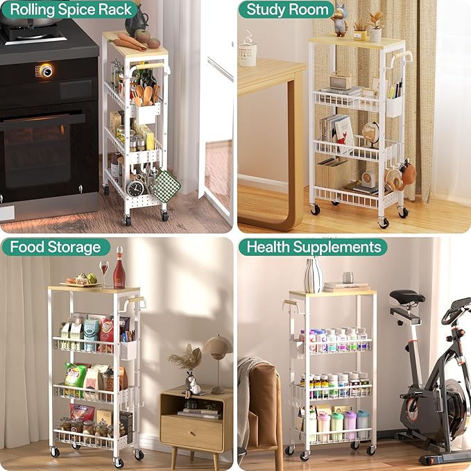 Slim Bathroom Storage Cart, 4 Tier Small Rolling Organizer Cabinet with Wood Top Handle, Mobile Shelving Unit Slide Out for Office, Kitchen, Laundry Room & Narrow Places (White, 9.1" W Overall)