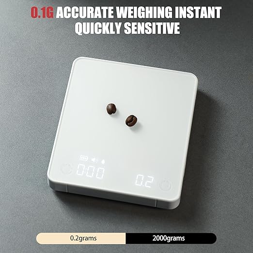 CUFEJORO Portable Coffee Scale,Electronic Digital Espresso Scale with Timer,2kg/0.1g High Precision,USB Type-C Charging,Rechargeable 1800mAh Battery White