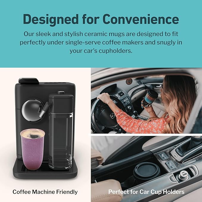 NOVA CERAMICS Coffee Travel Mug – Cup Holder Friendly Travel Mug– Microwave & Dishwasher Safe White & Purple Tumbler - Coffee Mug Fits In Cup Holder – 16oz – Astral Bloom
