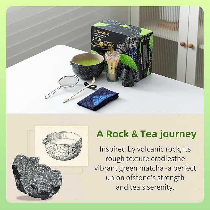 TEANAGOO Matcha Whisk Set Black,7 Pcs Matcha Set,Matcha Kit for Ceremony,Tradition Tea Set for Making Breakfast/Latte,Matcha Whisk Set with Bowl(Chawan)/Whisk and Holder,Gift for Family/Friend