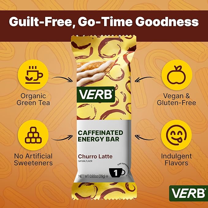 Verb Caffeinated Energy Bars Churro Latte (26g, Pack of 16) 110-Calorie Delicious Low Sugar Energy Bar - Vegan Gluten Free On-the Go Snack with 80mg Green Tea Caffeine, Only Real-Food Ingredients