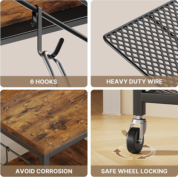 3 Tier Rolling Kitchen Microwave Cart with 6 Hooks, Utility Cart Storage Table Stand on Lockable Wheels, Small Coffee Shelf Rack Organizer,Brown