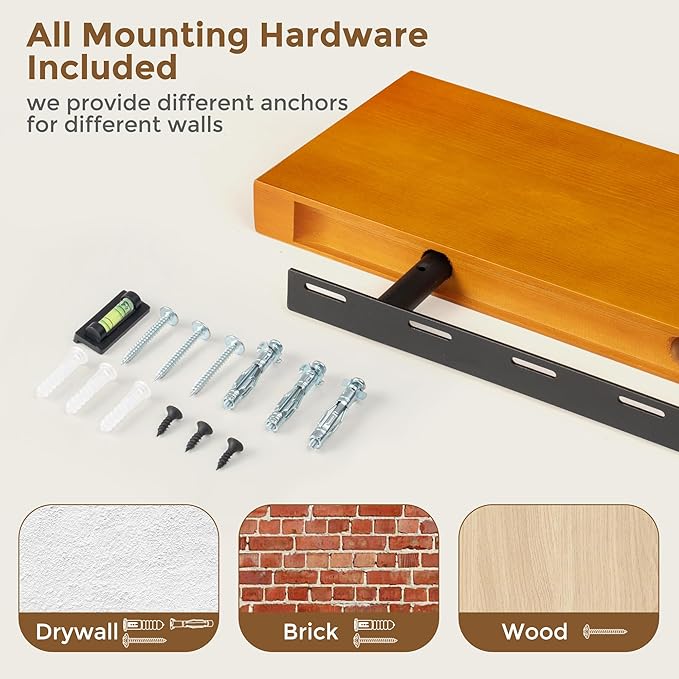 Marsmiles Wood Floating Shelves | Rustic Honey Oak Wall Shelves Set of 2 | 16" W x 7.7" D x 1.6" H Wooden Shelves for Bathroom Living Room Kitchen