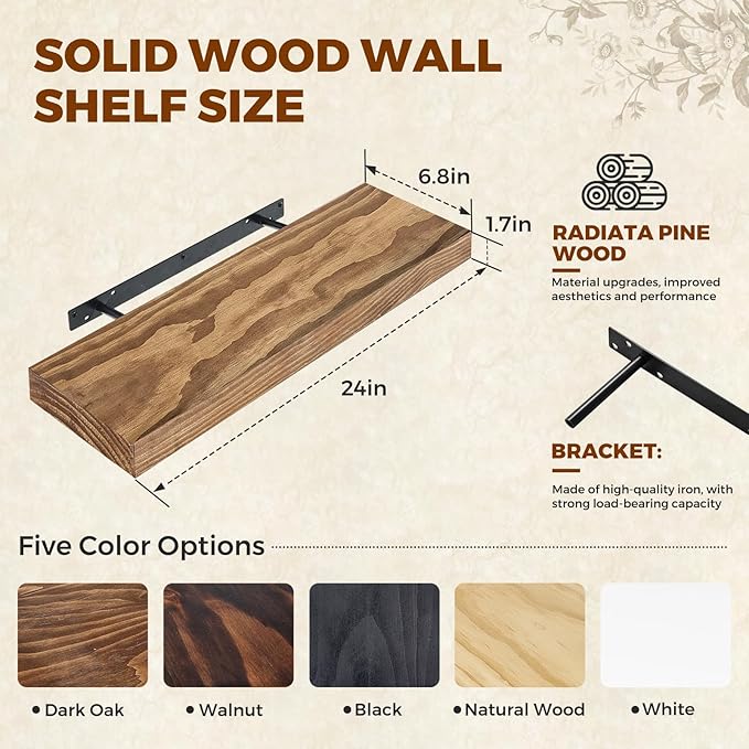 Floating Wall Shelves 24x6.8x1.7 Inch – Solid Wood Rustic Shelves in Dark Oak Finish – Wall Mounted Display Shelf for Bathroom, Kitchen, Bedroom – Set of 2
