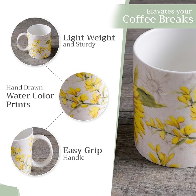 Maison d' Hermine Coffee Mug with Handles Fine Bone China Mugs Pack of One Tea Cups for Hot Beverages Cappuccino Latte Home Restaurant Office Perfect for Gift (Candice - Helianthe, 12 Ounce)