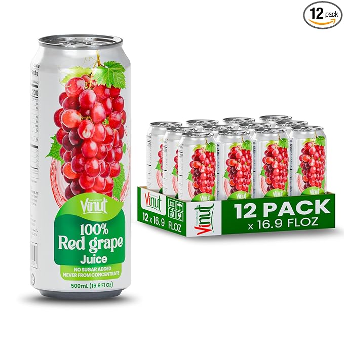 VINUT 100% Red Grape Juice, No Added Sugar, Not From Concentrate, 16.9 fl oz (500 mL) Can, Pack of 12