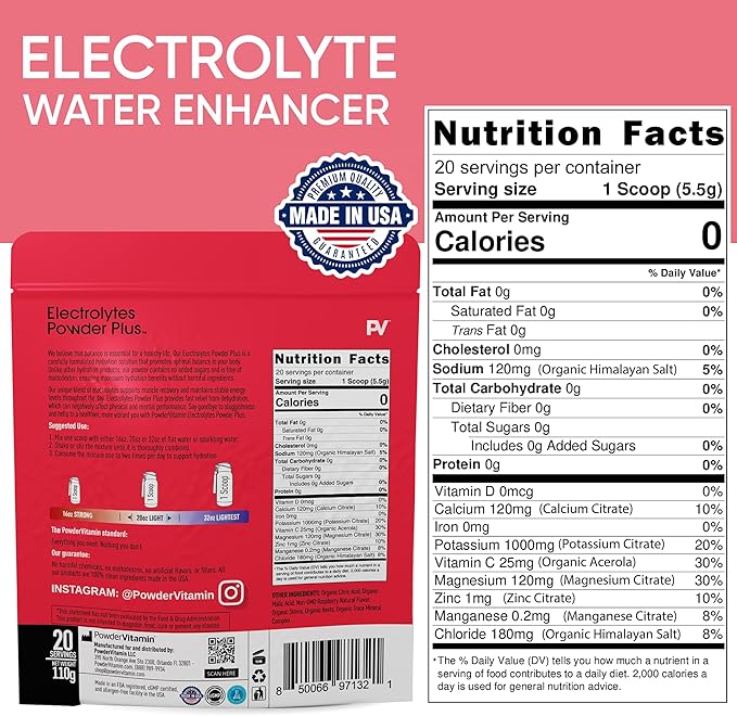PowderVitamin Electrolytes Powder Plus (20 Servings) Raspberry Electrolyte Powder Zero Calorie Keto,0 Sugar, No Maltodextrin,1000mg Potassium,120mg Calcium,120mg Magnesium, Pink Himalayan Salt