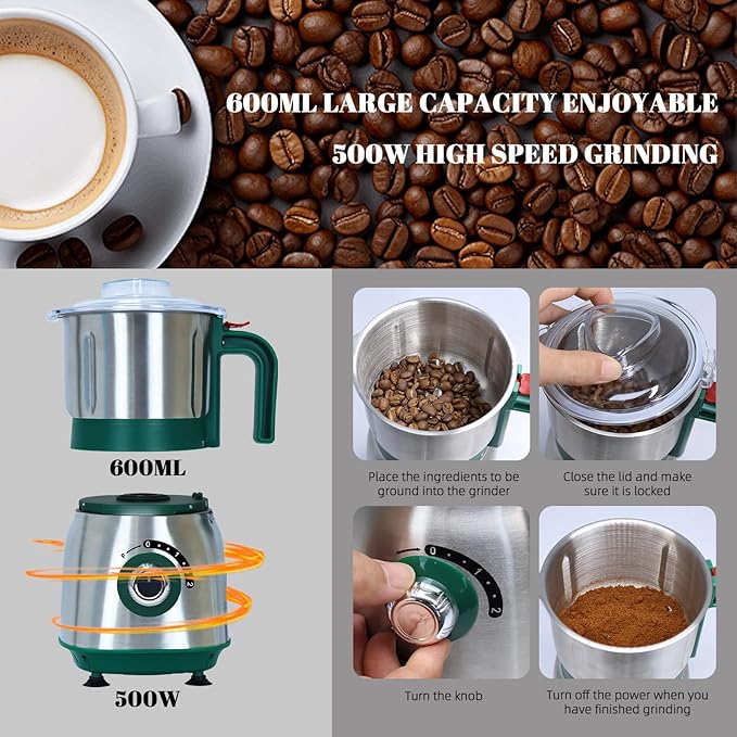 Versatile Kitchen Grinder | 500W Electric Mill | Grinds Spices, Nuts, Grains, Coffee | 3 Stainless Steel Blades | Dry Use (Black)