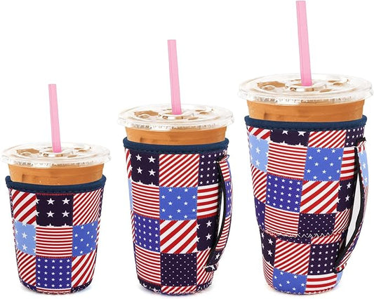 3 Pack Iced Coffee sleeve Insulated Neoprene Cup Sleeves with handle For Cold Drinks Beverages, Reusable Cup Holder for 16oz-32oz Coffee Cups (Patriotic Patchwork)