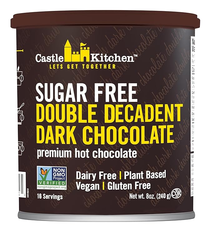 Castle Kitchen Sugar Free Double Decadent Dark Hot Chocolate - Premium Plant Based, Dairy Free, Gluten-Free Vegan Hot Coca Mix - Just Add Water - 8 oz Can