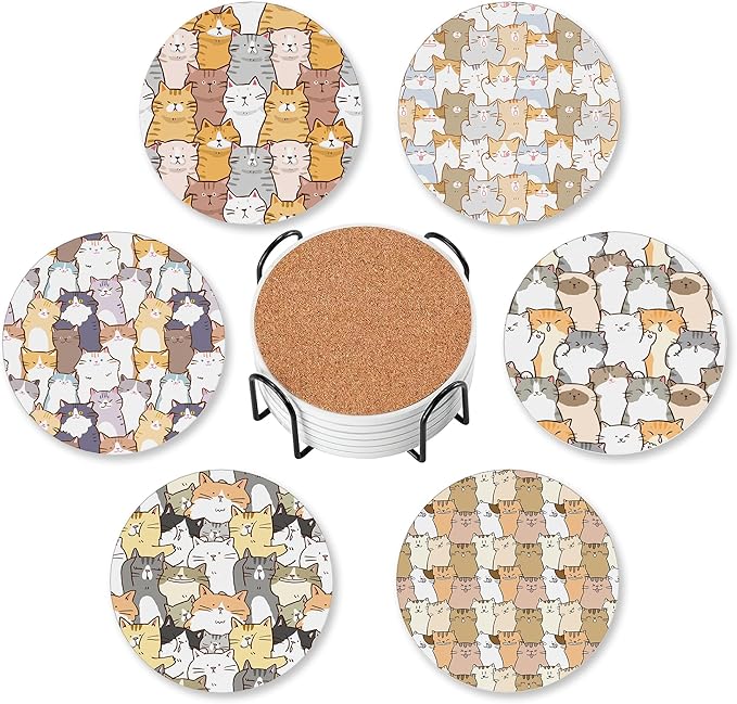 Cute Cats Set of 6 Coasters for Drinks Absorbing Round Ceramic Stone Coaster with Cork Base,Tabletop Protection Mat for Mugs and Cups,Office,Kitchen