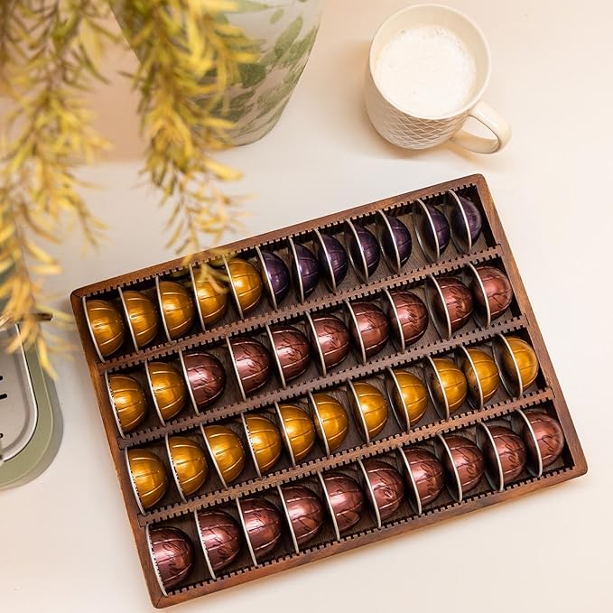 Acacia Wood Coffee Pod Holder Tray Compatible with Nespresso Vertuo, Pods Organizer Drawer Insert, Storage, Stand, Container, Capsule Holder for Coffee Bar Countertop, 40 Big or 60 Small Pods Capacity