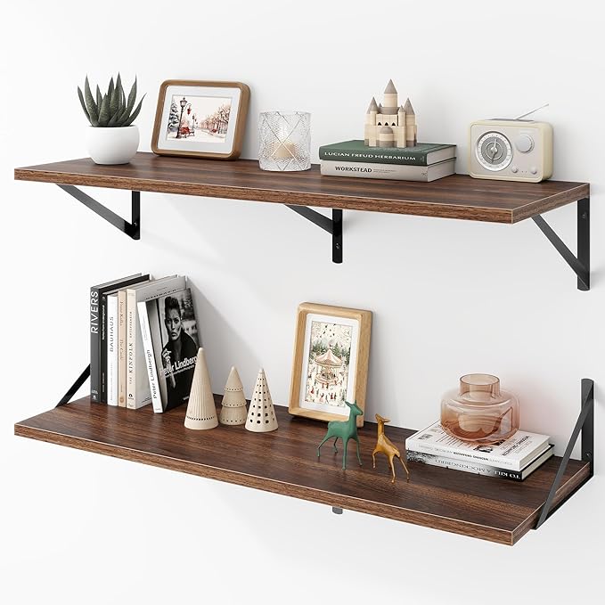 Deep Floating Shelves Wall Mounted, 36"x12" Walnut Wall Shelves with Brackets Set of 2 for Bedroom, Living Room, Bathroom, Kitchen, Office - Storage & Display Shelf for Decor, Books, Plants