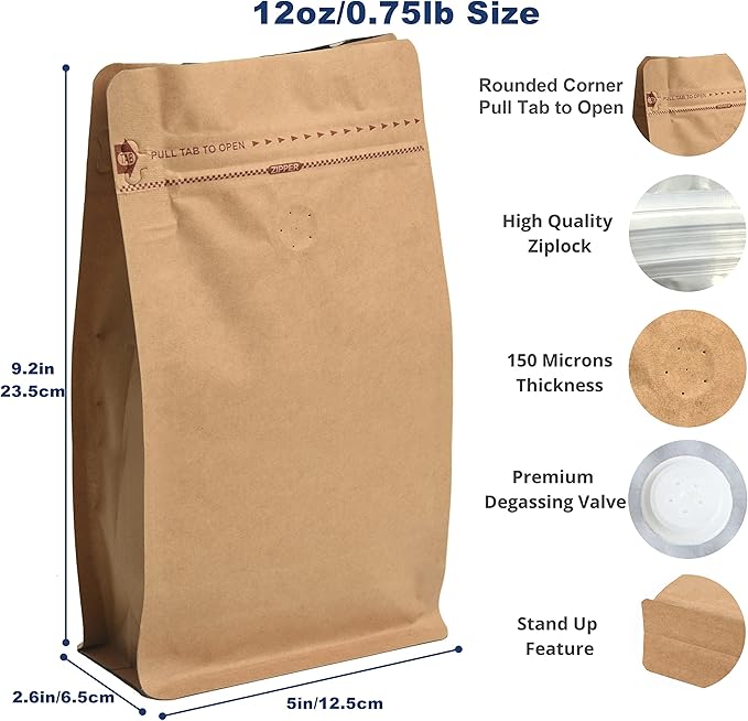 100 Count 12 Ounces Kraft Paper Coffee Bags - High Barrier Kraft & Foil Liner - Flat Bottom Coffee Pouches with Degassing Valve, Food Storage Bags with Rsealable Zipper & Easy Open Tape (100pcs,