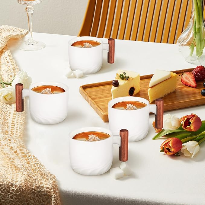 RUNROTOO Porcelain Ceramic Tea Cups, Espresso Cups Wooden Handle, Modern Demitasse, Microwave and Dishwasher Safe