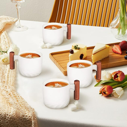 RUNROTOO Porcelain Ceramic Tea Cups, Espresso Cups Wooden Handle, Modern Demitasse, Microwave and Dishwasher Safe