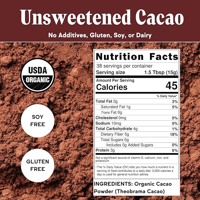 Raaka Chocolate Organic Cacao Powder - Unsweetened, Non-Alkalized, Perfect for Baking, Substitute for Cocoa Powder - Gluten-Free, Soy-Free, Sugar-Free, Allergen-Friendly - 2LB Resealable Bag