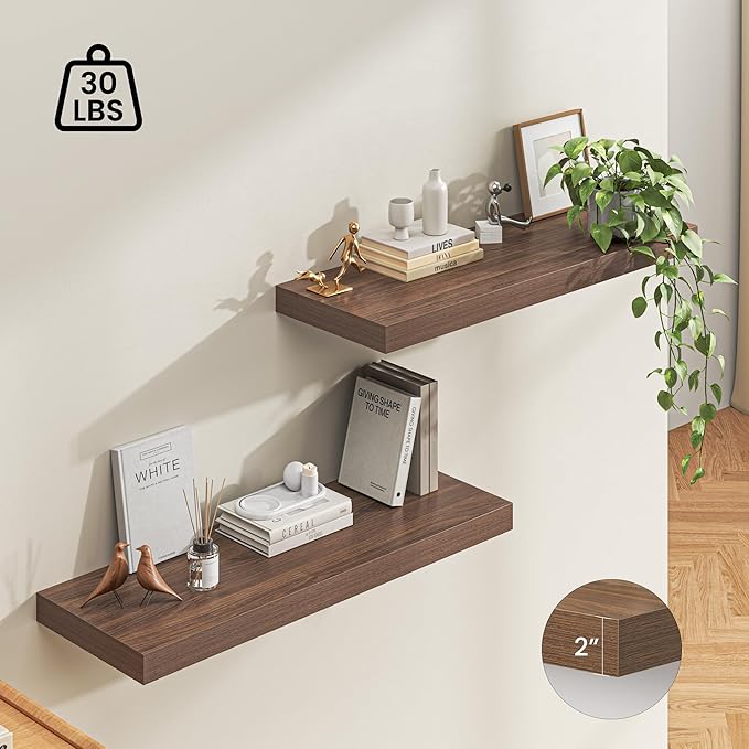 Dreamland 40" Floating Shelves for Wall, 12" Deep Thicker Walnut Floating Shelves, Wall-Mounted Shelves for Bedroom, Living Room, Kitchen, Bathroom - Set of 2