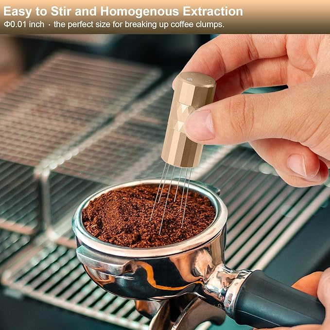 WDT Tool Espresso Distribution Tool, Coffee Distribution Tool with Magnetic Stand, Espresso Accessories with 6 Extra Φ0.25mm Stainless Steel Needles for Barista (Rich Gold, Φ0.25mm)
