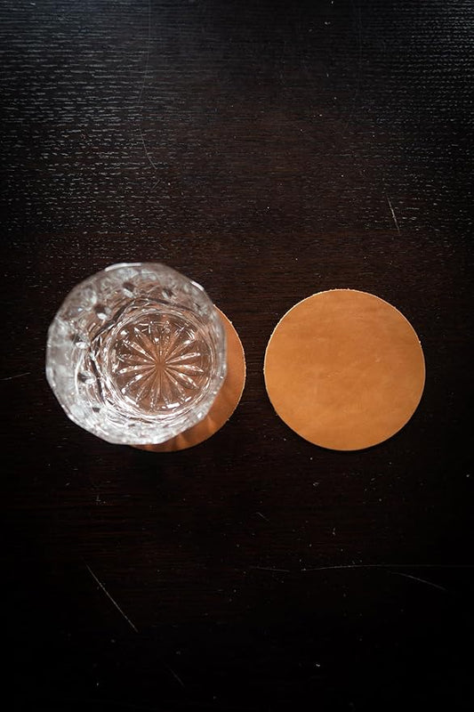 Real Natural Grain Leather Coasters – Durable Non-Slip (Tan) Distressed Design, Set of 6 for Table Protection in Home, Office, Kitchen, and Bar