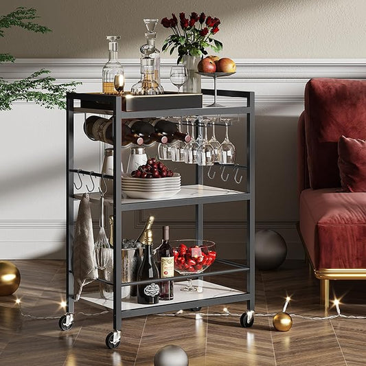 TUTOTAK Bar Cart - Serving Cart for Home - Microwave Cart, Drink Cart, Mobile Kitchen Shelf with Wine Rack and Glass Holder, Rolling Beverage Cart BC01BM030