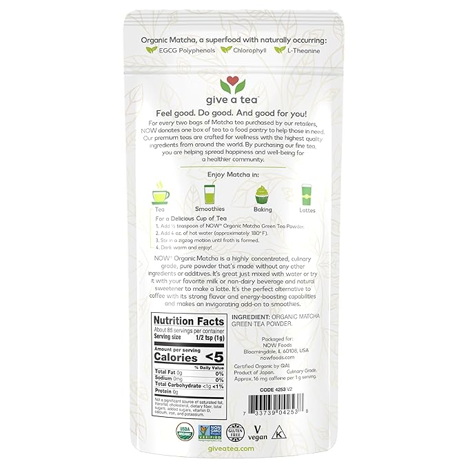 NOW Foods, Certified Organic Matcha Green Tea Powder, Non-GMO Project Verified, 3-Ounce