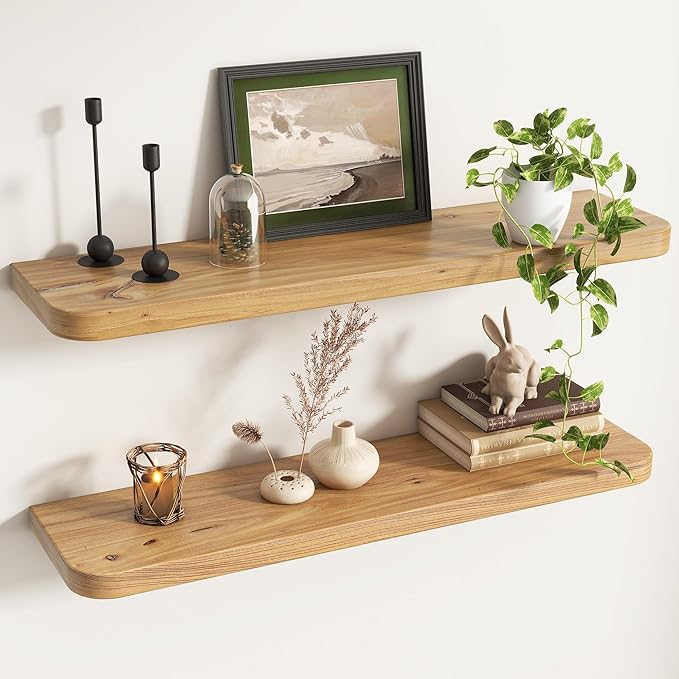 Reclaimed Elm Wood Floating Shelves for Wall Round Edge, 36"W x 9.2"D x 1.37"H, Set of 2 with Invisible Bracket, Wall Mounted Shelves for Living Room Bedroom Kitchen Bathroom Decor, Natural Finish
