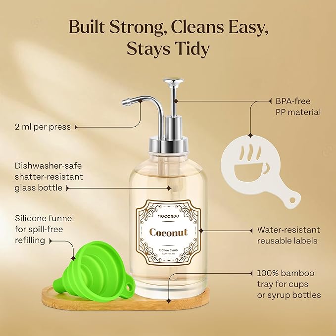 Glass Coffee Syrup Dispenser for Coffee Bar - Set of 4 Silver 16.9 oz / 500 ml Glass Syrup Bottles, Includes 2 Bamboo Trays, 16 Stencils, Labels, Coffee Bar Accessories