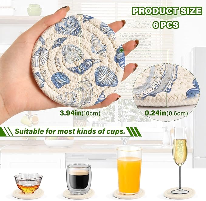 Coasters for Drinks with Holder Blue Seashells Ocean Nautical Coastal Coasters Set of 6 Cotton Woven Absorbent Decor Bar Coaster Tabletop Protection 3.94 Inches