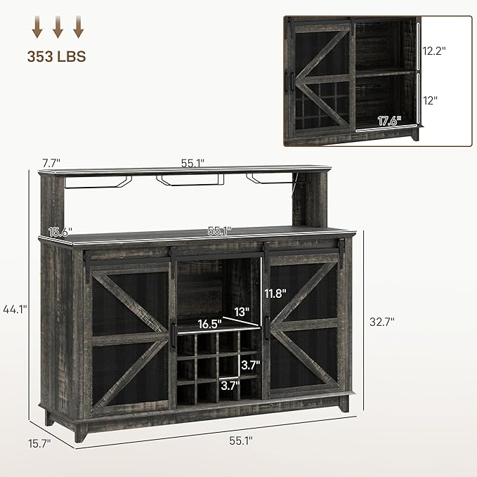 HOMCOM Farmhouse Coffee Bar Cabinet with Smart App Control LED Lights, 55" Wine Bar Cabinet with 12-Bottle Rack, Glass Holder, Kitchen Sideboard Buffet with Sliding Mesh Doors, Distressed Dark Brown