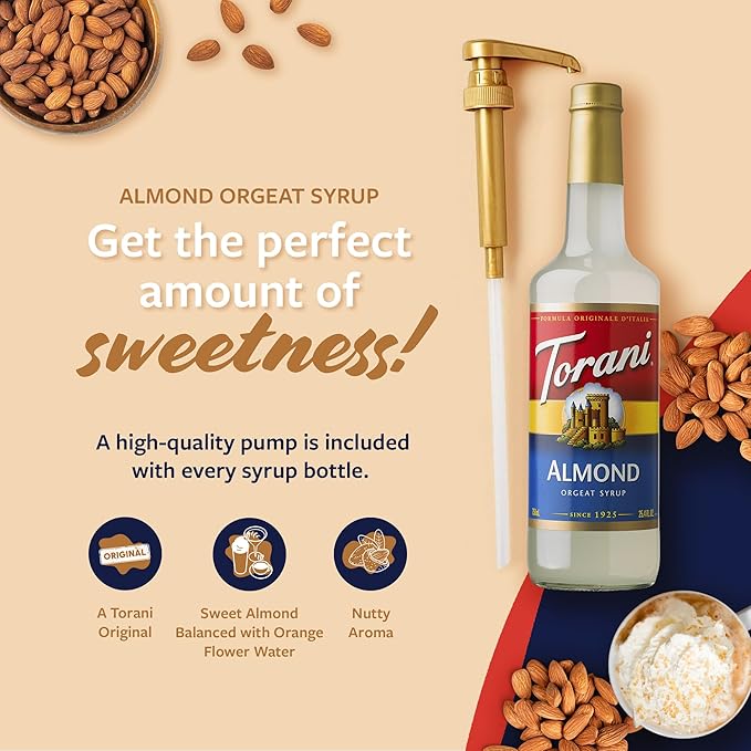 Torani Coffee Syrup, Almond Orgeat Flavored Syrup for Drinks, Glass Bottle with Pump Included, 25.4 Fl Oz