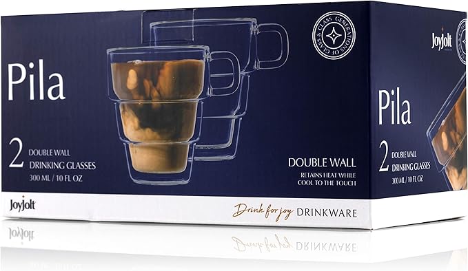 JoyJolt Pila Double Wall Insulated Coffee Mugs – 10 oz Double Walled Insulated Glasses Coffee Mug With Handle, Stackable, Sleek Modern Design – Set of 2