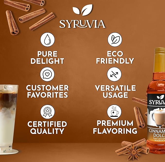 Syruvia Coffee Syrup, Cinnamon Dolce Flavored Syrup for Drinks, Lattes, and Desserts – 25.4 fl oz, With Pump