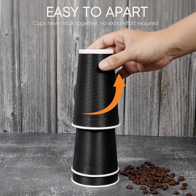 Coolcap 100 Pack 16 oz Disposable Coffee Cups with Lids and Straws, Insulated Ripple Wall To Go Paper Corrugated Cups, Bulk for Hot/Cold Drinks, Cafe Bar, Office, Chocolate, Cocoa (Black)