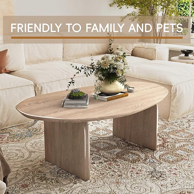 Honyee Oval Coffee Table, 47.2" Wood Coffee Table for Living Room, Modern Wooden Center Table with Solid Wood Veneer Legs, Sturdy Rounded Edge Design, Easy Assembly, Apartment Friendly, Natural