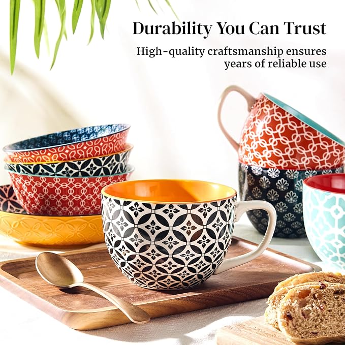 DOWAN Mosaian Soup Mugs, 24oz Large Coffee Mugs Set of 4, Soup Mugs With Handles, Ceramic Mugs for Soup/Coffee/Cereal/Latte, Thanksgiving and Christmas Gifts for Family and Friends
