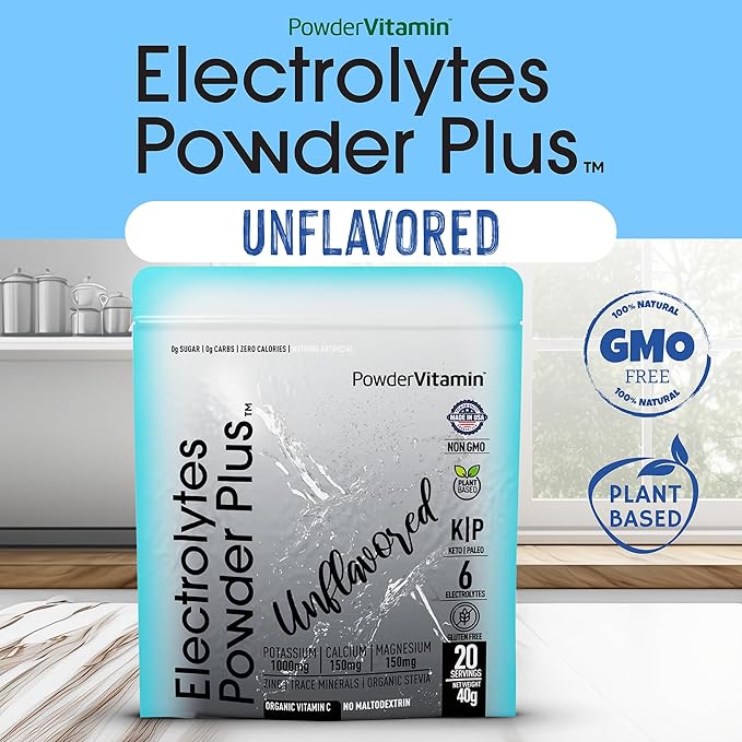 PowderVitamin Electrolytes Powder Plus (20 Servings) Unflavored Electrolyte Powder Keto, Sugar Free, Pink Himalayan Salt.,1000mg Potassium,150mg Calcium,150mg Magnesium, Hydration Powder NO STEVIA